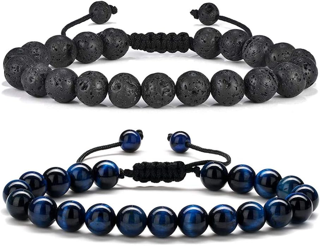 Fathers Day Gift Mens Bracelet - Beaded Natural Stone 8Mm Tiger Eye Matte Agate Lava Rock Bracelets for Men Teen Boys Grandpa Dad Birthday Gifts Jewelry