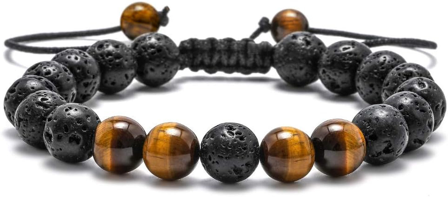 Fathers Day Gift Mens Bracelet - Beaded Natural Stone 8Mm Tiger Eye Matte Agate Lava Rock Bracelets for Men Teen Boys Grandpa Dad Birthday Gifts Jewelry