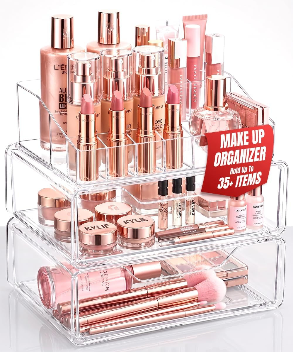 Clear Makeup Organizer - 16-Compartment Cosmetic and Jewelry Holder with 4 Drawers - Vanity Storage Box for Makeup, Skincare, Accessories, and Jewelry Display