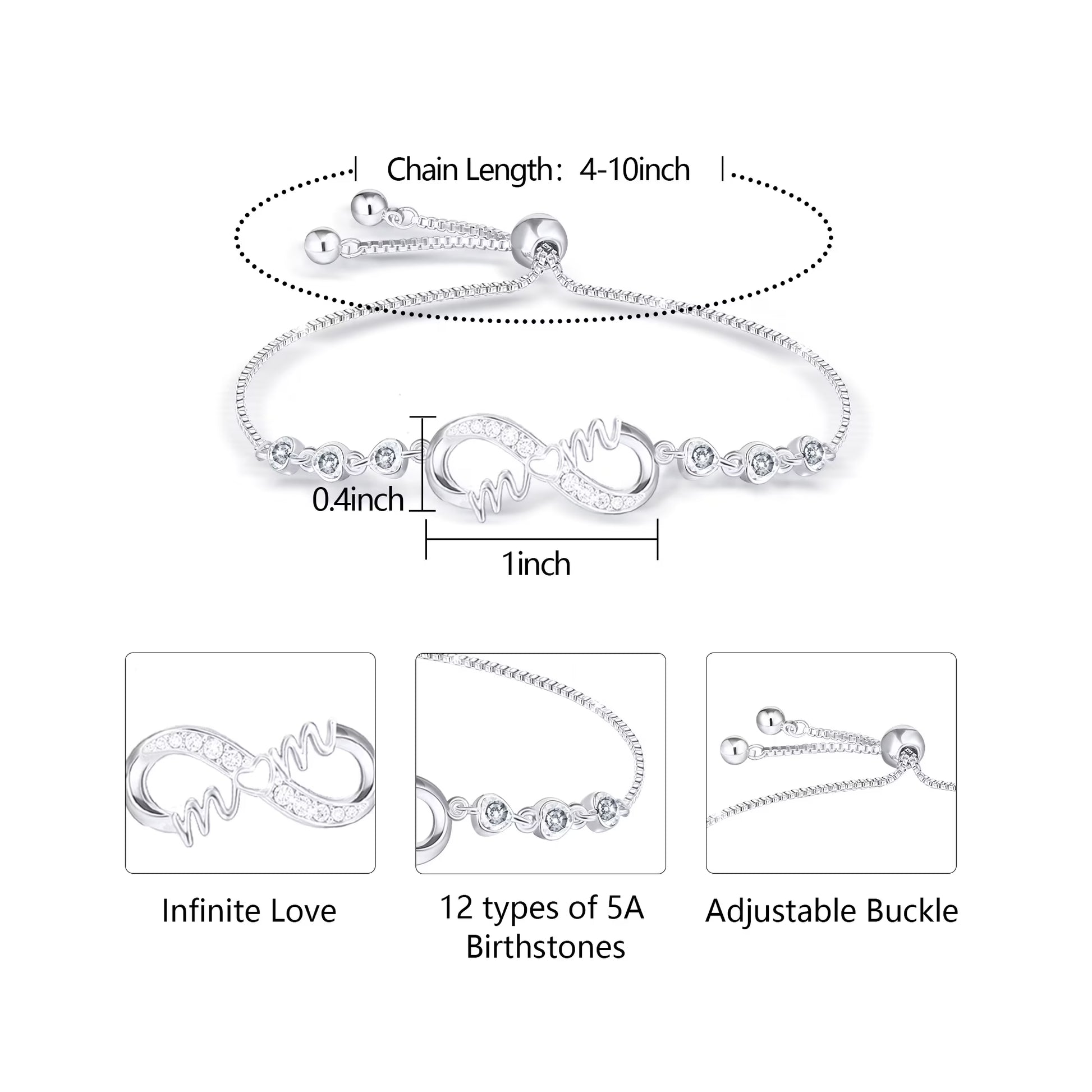 S925 Sterling Silver Plated Infinite Love Heart Mom Bracelets for Mom Mother Mama CZ April Birthstone Bracelet with CZ Crystal Birth Birthday Mother'S Day Jewelry Gifts for Her