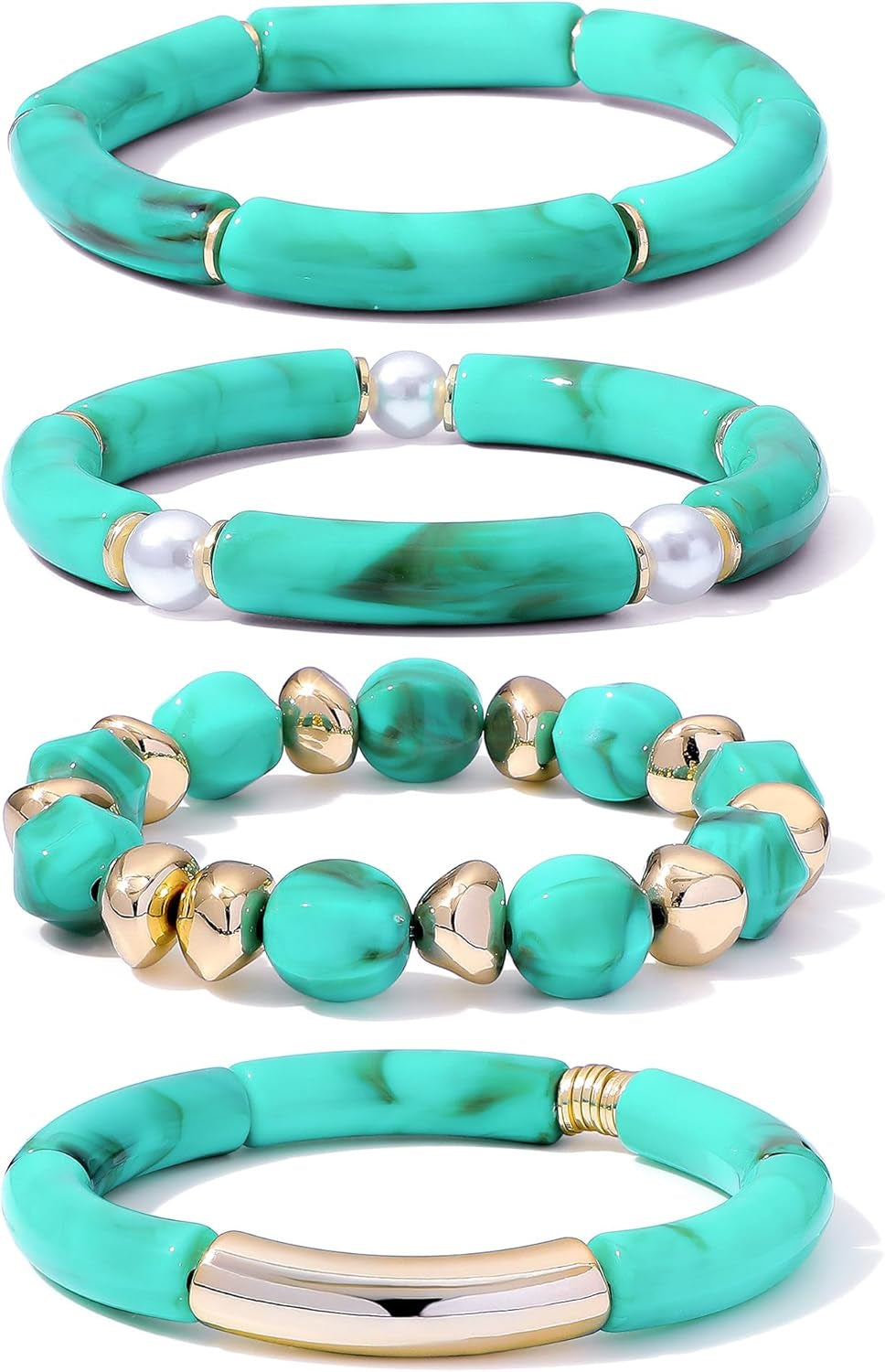 Simple Beaded Gold Plated Bangles Bracelet Chunky Bamboo Tube Curved Stacking Clear Acrylic Colorful Beads Stretchable Gold Plated Bracelets Set for Women