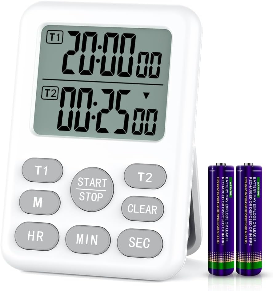Dual Kitchen Timer Digital - 2 Channel for Cooking with Loud Adjustable Alarm, Magnetic Back and Stand, Battery Operated for Baking, BBQ, Study, and Exercise