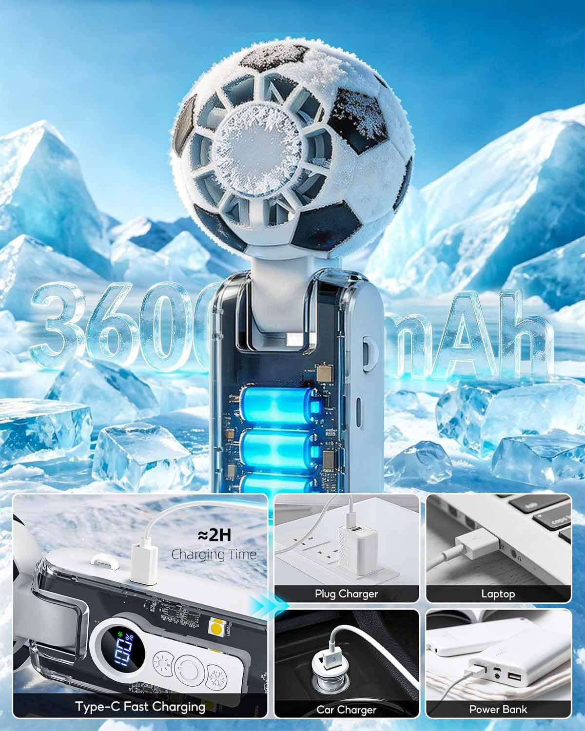 Handheld Fan, Portable Mini Handheld Fans with Cooling Function, 6 Wind Speeds, LED Display, 180° Adjustable, 3-In-1 Rechargeable Handheld Fan with LED Light for Work,Travel,Camping,Stadium (White)