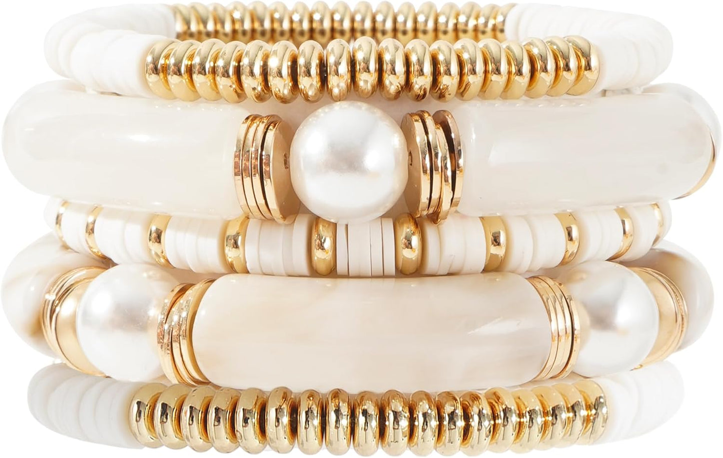Simple Beaded Gold Plated Bangles Bracelet Chunky Bamboo Tube Curved Stacking Clear Acrylic Colorful Beads Stretchable Gold Plated Bracelets Set for Women