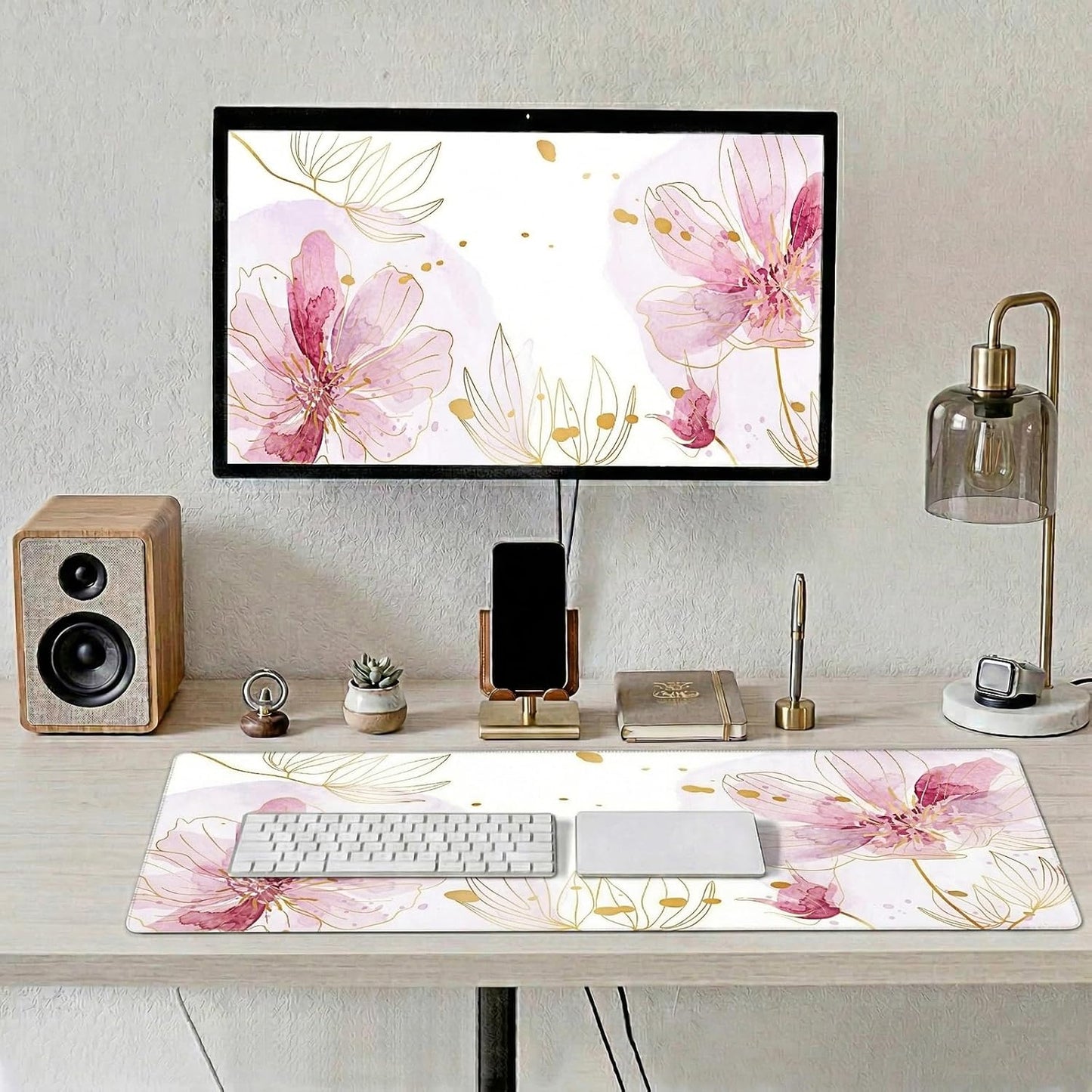 Large Desk Mat Floral Mouse Pad, XXL Non-Slip Waterproof Keyboard Mat with Stitched Edges, Full Desk Protector for Women Office Home Laptop (Pink)