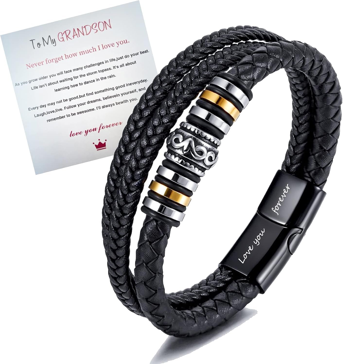 to My Son/To My Grandson Bracelet,Mens Leather Bracelet with Stainless Steel Clasp,Multi-Layer Braided Genuine Leather Bracelet Inspirational Wristband,Mens Bracelet(8.3Inch)