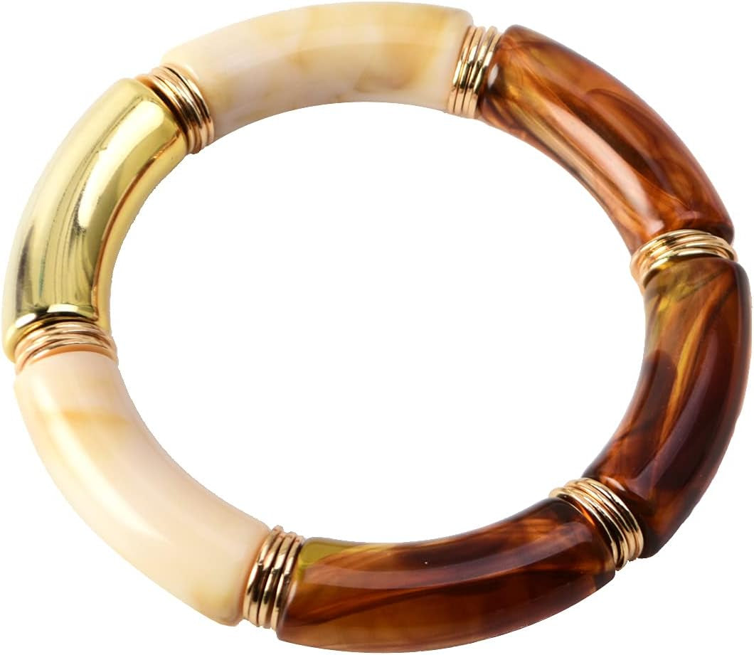 Simple Beaded Gold Plated Bangles Bracelet Chunky Bamboo Tube Curved Stacking Clear Acrylic Colorful Beads Stretchable Gold Plated Bracelets Set for Women