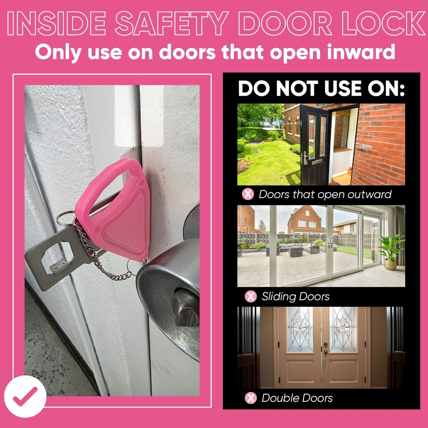 Portable Door Lock Extra Security Essential Safety & Privacy Travel Lockdown, Prevent Entry Stopper, Protect Family While Traveling Home Bedroom Hotel Apartment College (1 Pink)