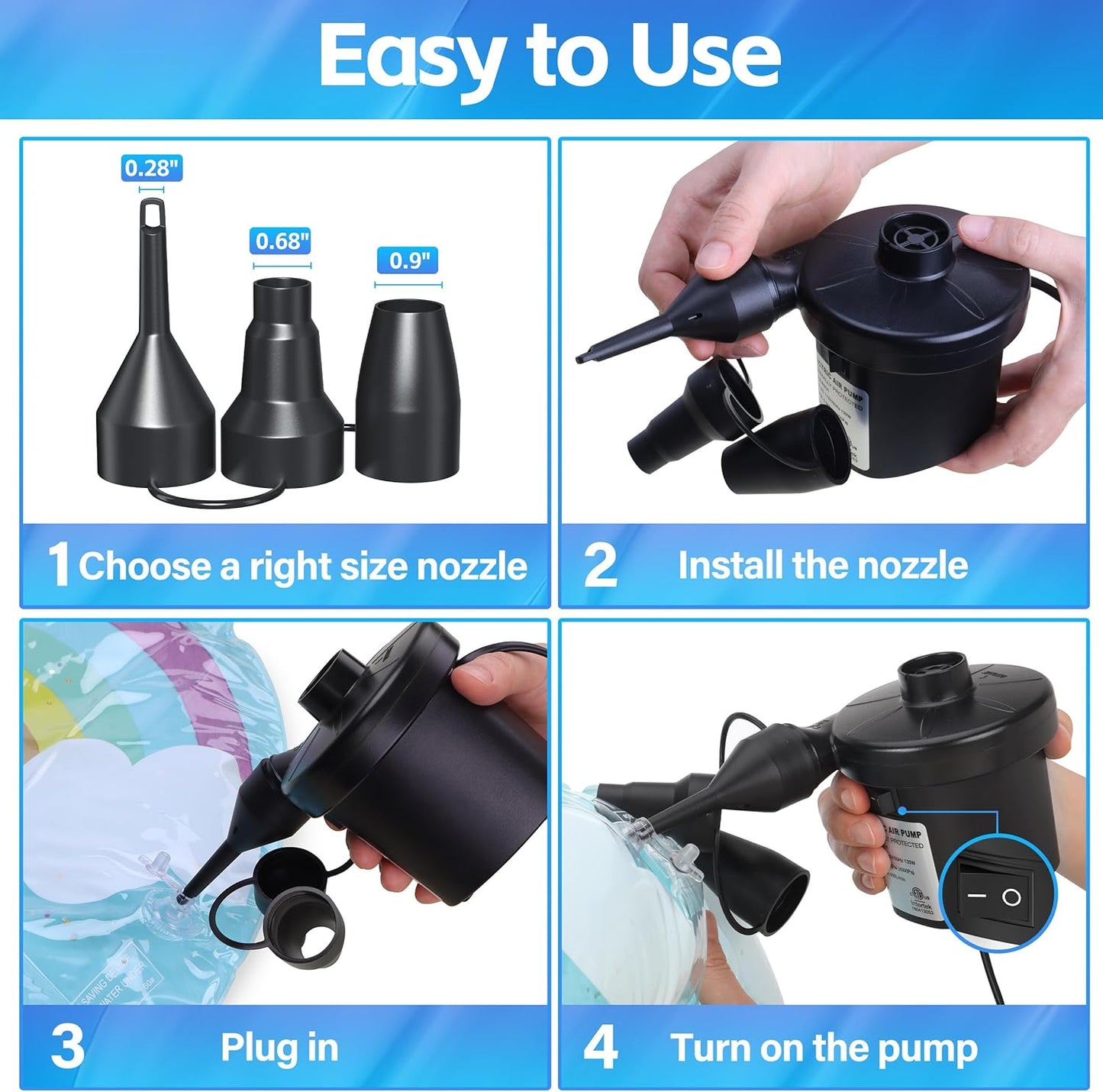 Electric Air Pump for Inflatables Air Mattress Pump Electric Pump with 3 Nozzles Inflator Deflator Air Pump for Air Mattress Beds Pool Floats Swimming Ring AC 130W