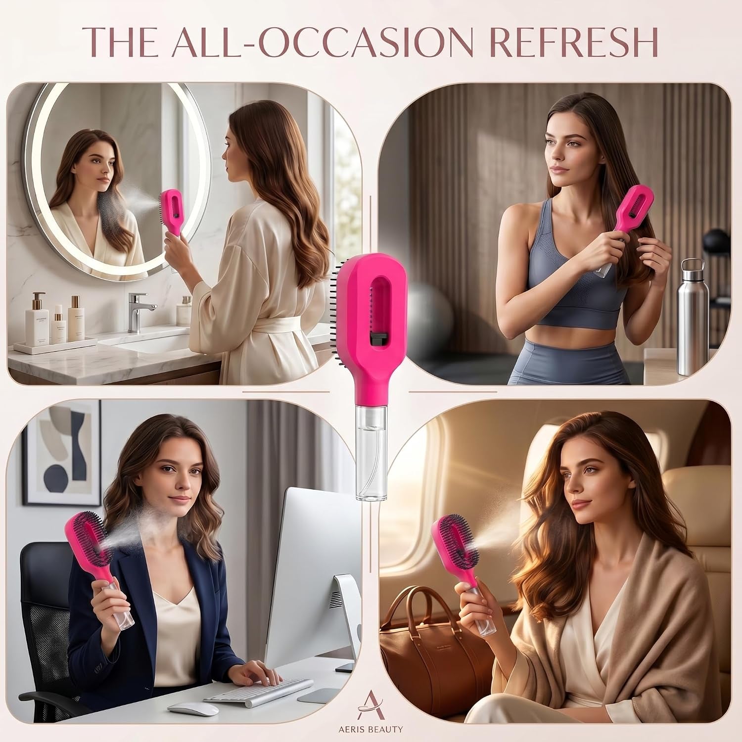Hair Refresh Spray Brush, 2-In-1 Detangling Hairbrush with Fine Mist Sprayer, Instant Morning Hair Fix, No-Wash Styling Tool, Anti-Frizz & Static Control, Portable for Travel Gym Office