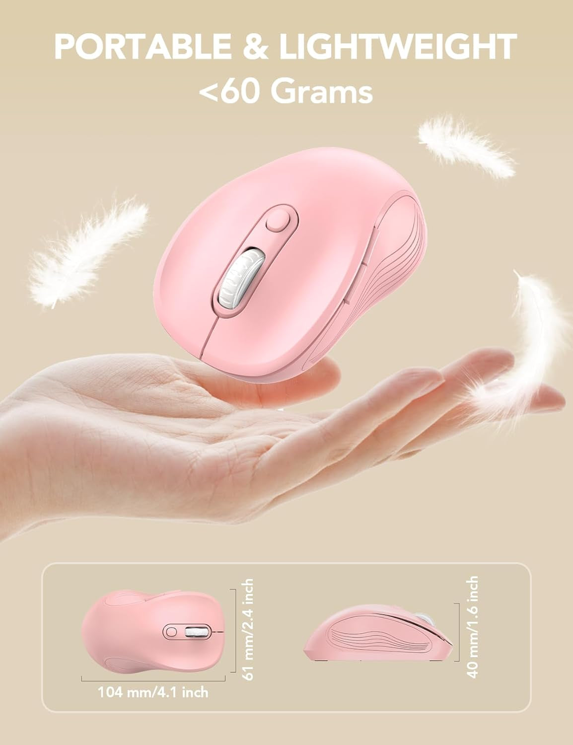 Wireless Mouse for Laptop, 2.4Ghz Ergonomic Computer Mouse with Back & Forward Buttons, 3 Adjustable DPI Levels, 6 Buttons, Optical USB Cordless Mice for Windows Macbook PC, M01 (Baby Pink)