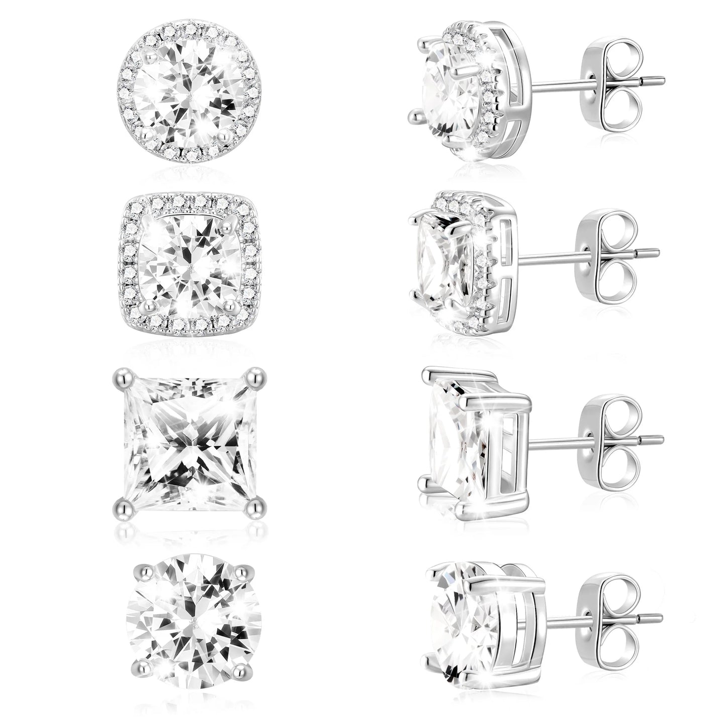 4 Pairs 18K White Gold Plated Halo Stud Earrings for Women Men CZ Hypoallergenic S925 Sterling Silver Post Earrings Set Birthday Graduation Mothers Day Jewelry Gifts Mom Her Him Teen Wife Adult
