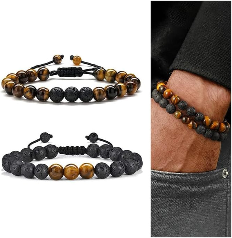 Fathers Day Gift Mens Bracelet - Beaded Natural Stone 8Mm Tiger Eye Matte Agate Lava Rock Bracelets for Men Teen Boys Grandpa Dad Birthday Gifts Jewelry