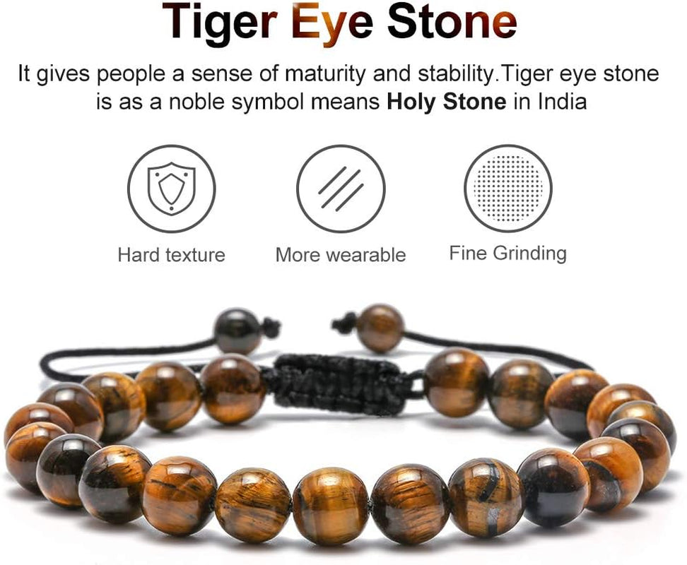 Fathers Day Gift Mens Bracelet - Beaded Natural Stone 8Mm Tiger Eye Matte Agate Lava Rock Bracelets for Men Teen Boys Grandpa Dad Birthday Gifts Jewelry