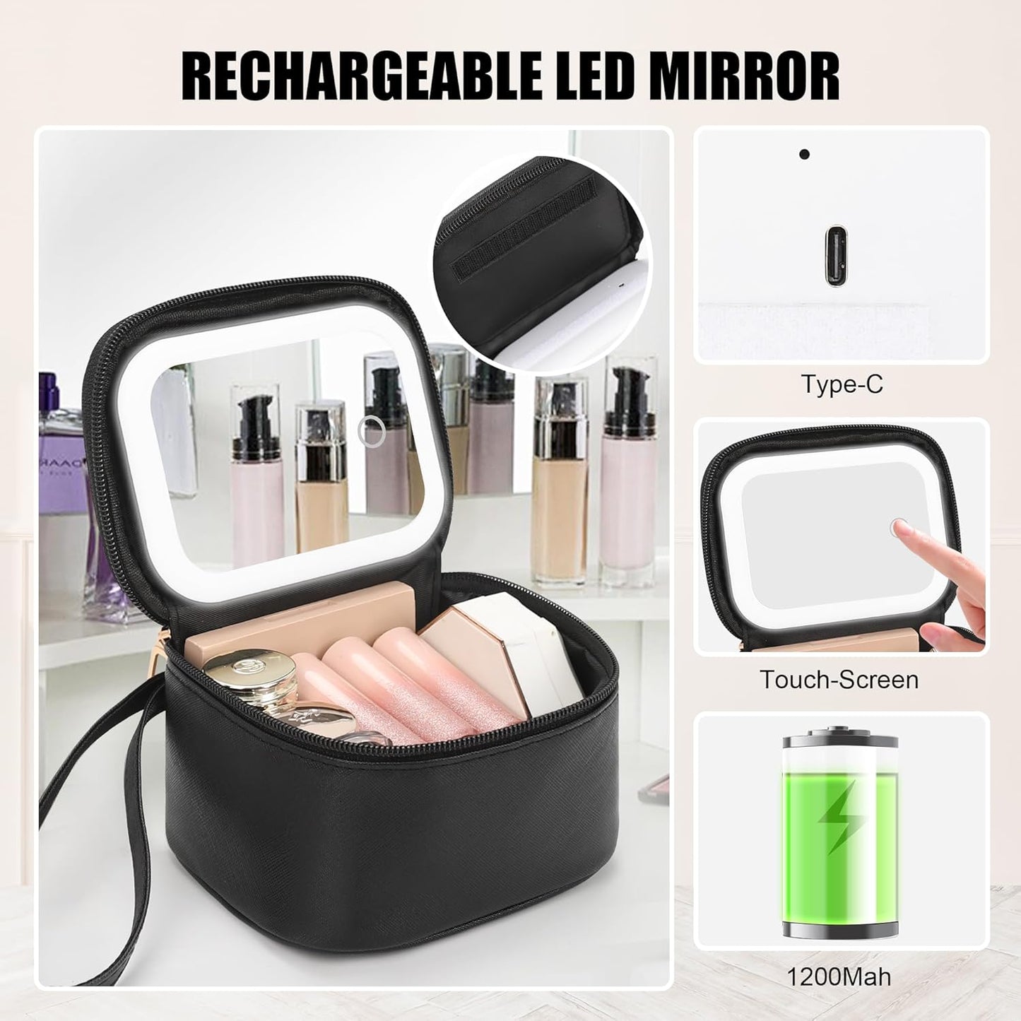 Mini Makeup Bag with Led Mirror, Small Cosmetic Bag with 3 Light Modes, Rechargeable Portable Makeup Pouch with Hands-Free Wrist Strap for Pool Parties丨Work Touch-Ups丨Travel - Black