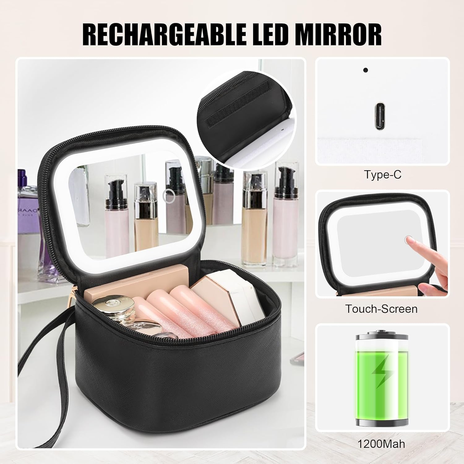Mini Makeup Bag with Led Mirror, Small Cosmetic Bag with 3 Light Modes, Rechargeable Portable Makeup Pouch with Hands-Free Wrist Strap for Pool Parties丨Work Touch-Ups丨Travel - Black