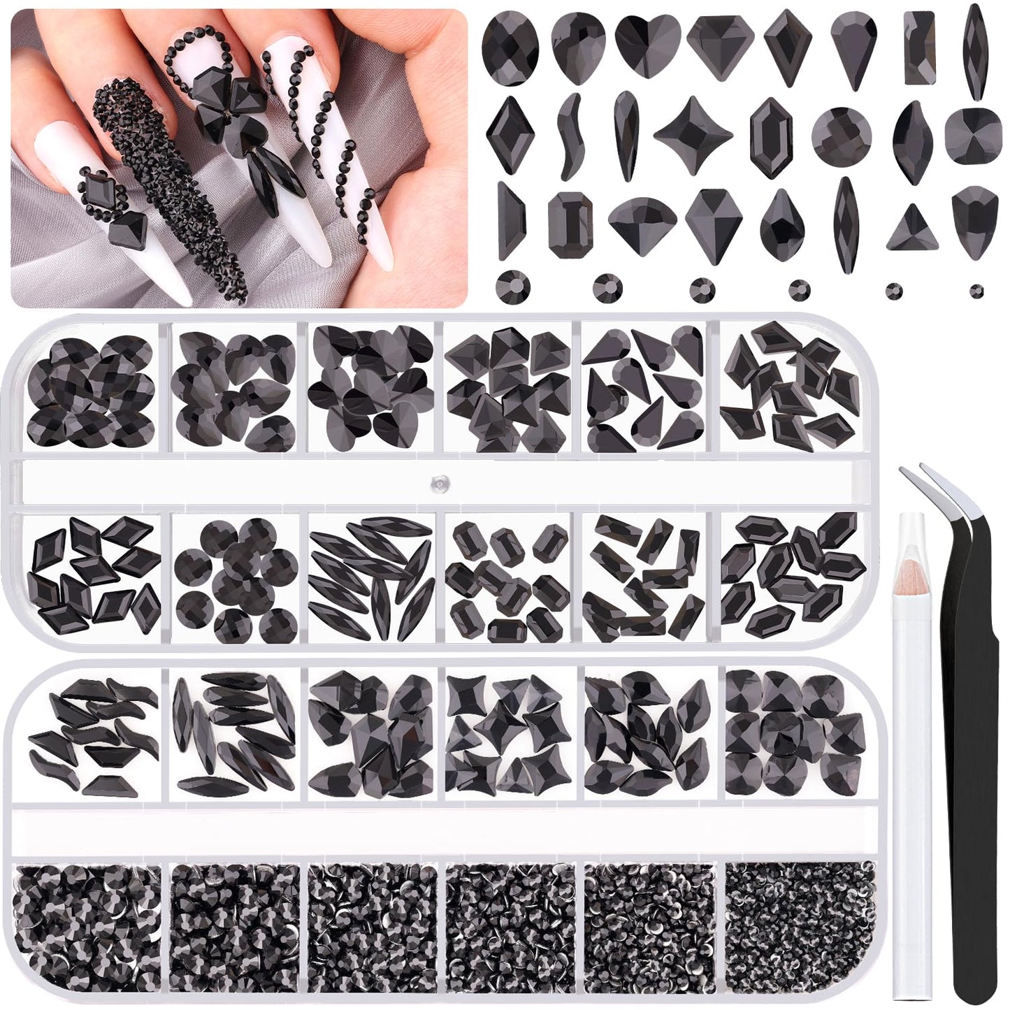 Nail Art Rhinestone Kit, 15Ml Rhinestone Gel Glue+Colorful Gems+Flatback Glass Crystal Ab&Clear Gemstones with Pickup Tools for Bedazzling Nail and Face Makeup