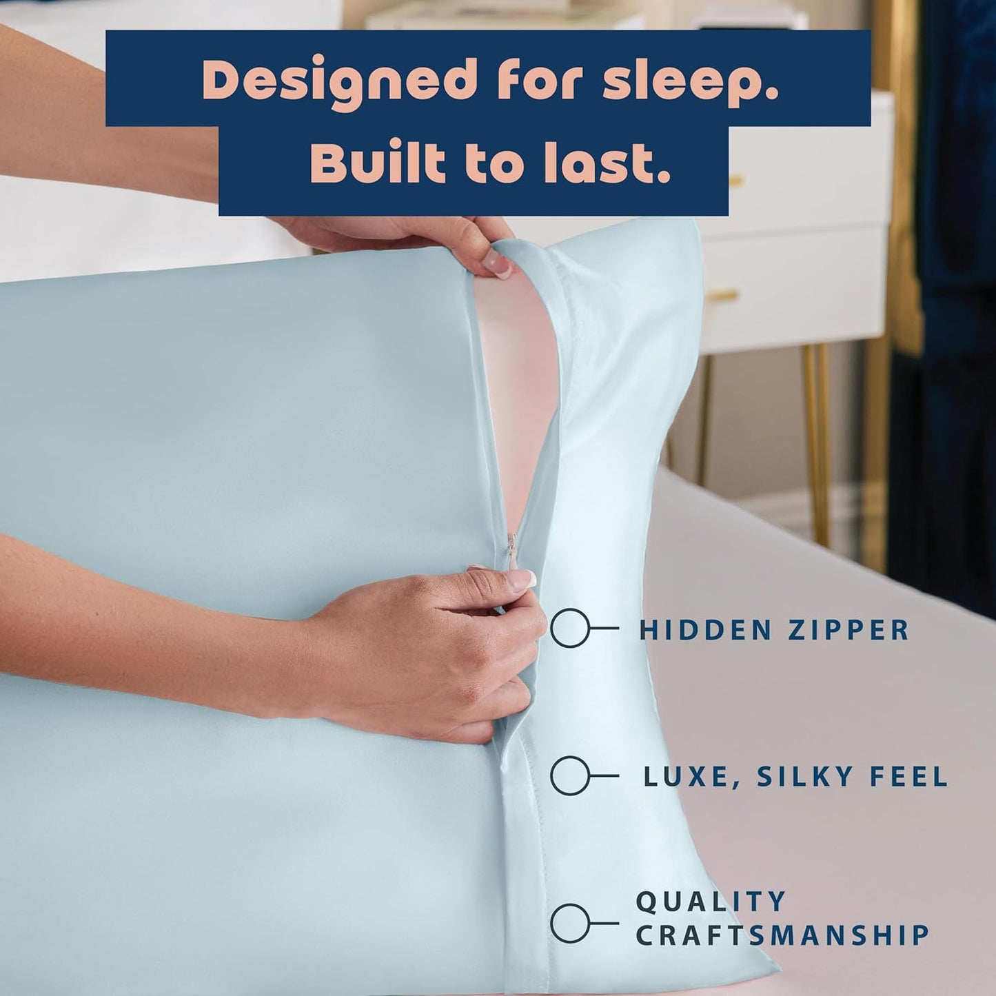 Satin Pillowcase with Zipper, for Hair and Skin Care, Feels Soft and Cool like a Silk Pillowcase, Satin Pillow Cases 2 Pack, Slik Pillow Cover, Baby Blue - Standard Size, Set of 2