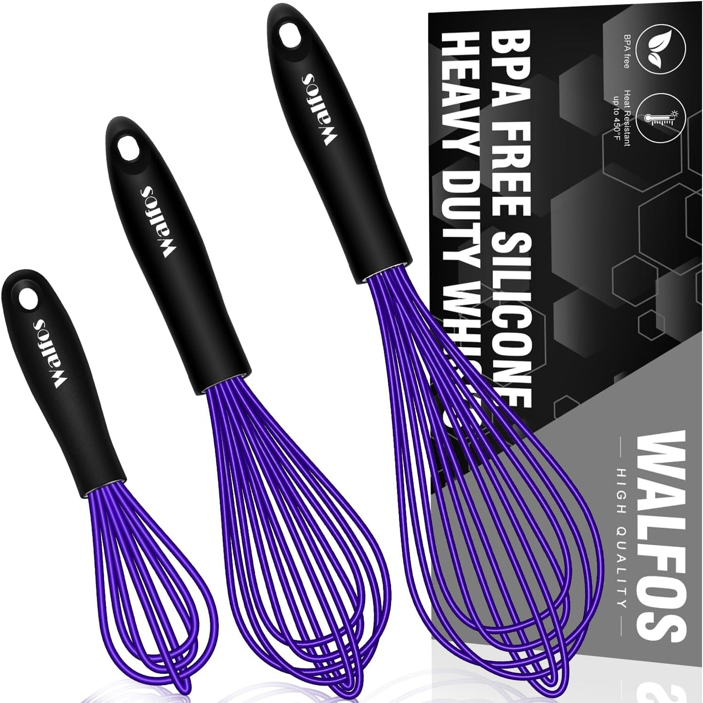 Silicone Whisk,Stainless Steel Wire Whisk Set of 3 -Heat Resistant 480°F Kitchen Whisks for Non-Stick Cookware,Balloon Egg Beater Perfect for Blending,Whisking,Beating,Frothing & Stirring,Black