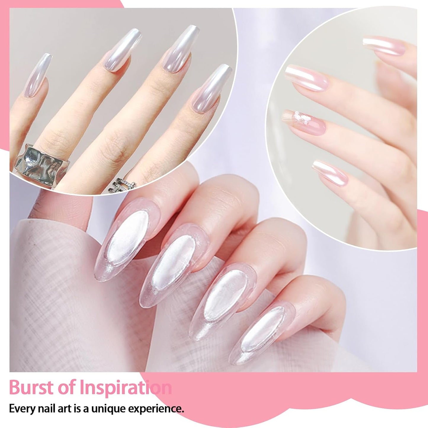 White Pearl Chrome Nail Powder, Iridescent Aurora Powder Metallic Mirror Effect Glitter Powder Pearlescent Ice Transparent Mermaid Pigment Pearl Glitter Dust Kit for Nail Art Decoration