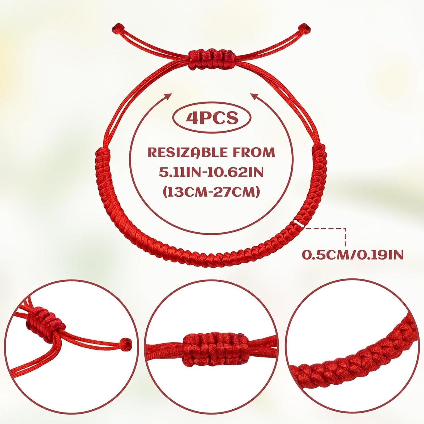 4-Pack Red Bracelets - Braided Lucky Cord Bracelet Strap for Women & Man - Adjustable Knot Red String Bracelet Amulet for Protection Good Luck Success Friendship Graduation Birthday Lovers Gift