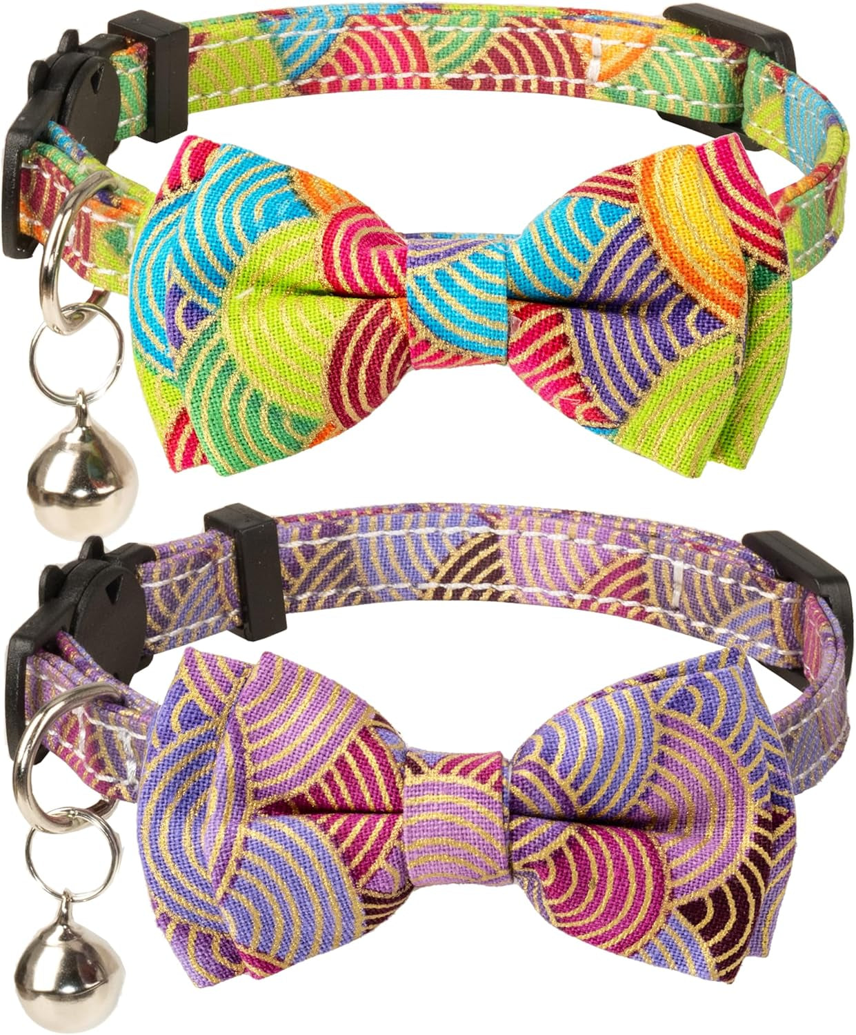 Collar for Cat Pet Breakaway with Bell Bowtie Detachable Bow Adjustable Safety Kitten Puppy Girl Boy 2Pcs Pink Leopard & Pure