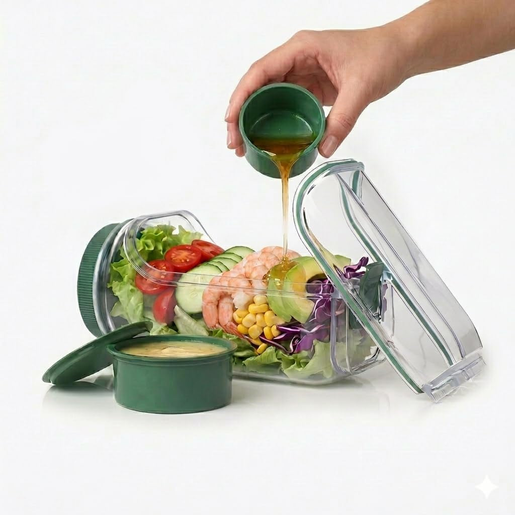 Premium Salad Jars with Side Opening, Salad Dressing Containers, on the Go Salad Jar Lunch Box for Meal Prep & Food Storage, Keeps Food Fresh & Organized, Salad Bowls to Go for Lunch, Travel