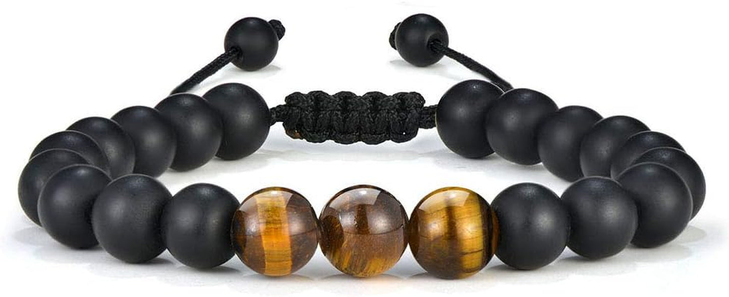 Fathers Day Gift Mens Bracelet - Beaded Natural Stone 8Mm Tiger Eye Matte Agate Lava Rock Bracelets for Men Teen Boys Grandpa Dad Birthday Gifts Jewelry