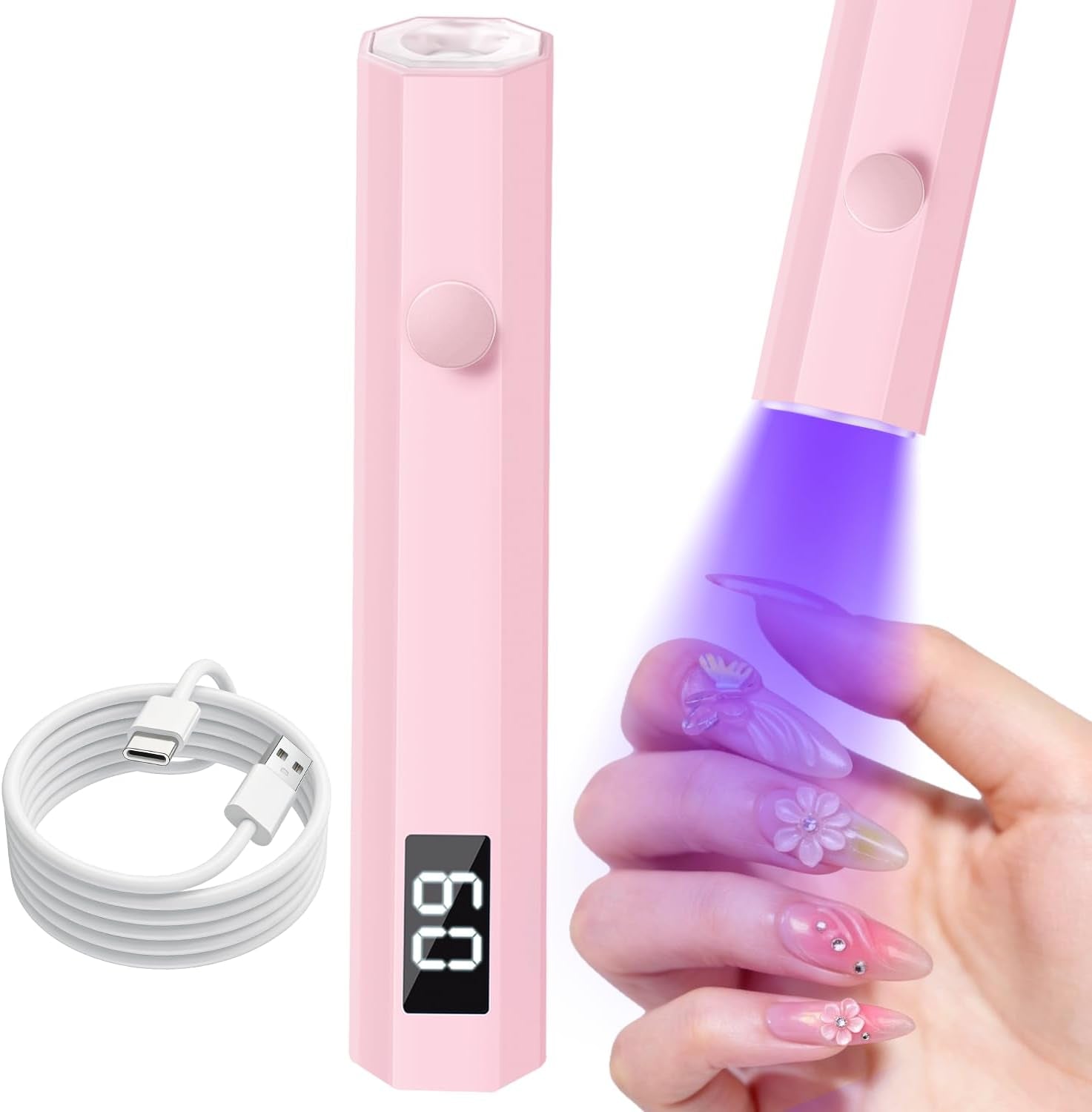 UV Nail Lamp, Handheld with LCD Display & 20/60S Timer,180Mah Rechargeable Nail Lamps for Gel Polish, Home DIY & Salon Use (Pink)