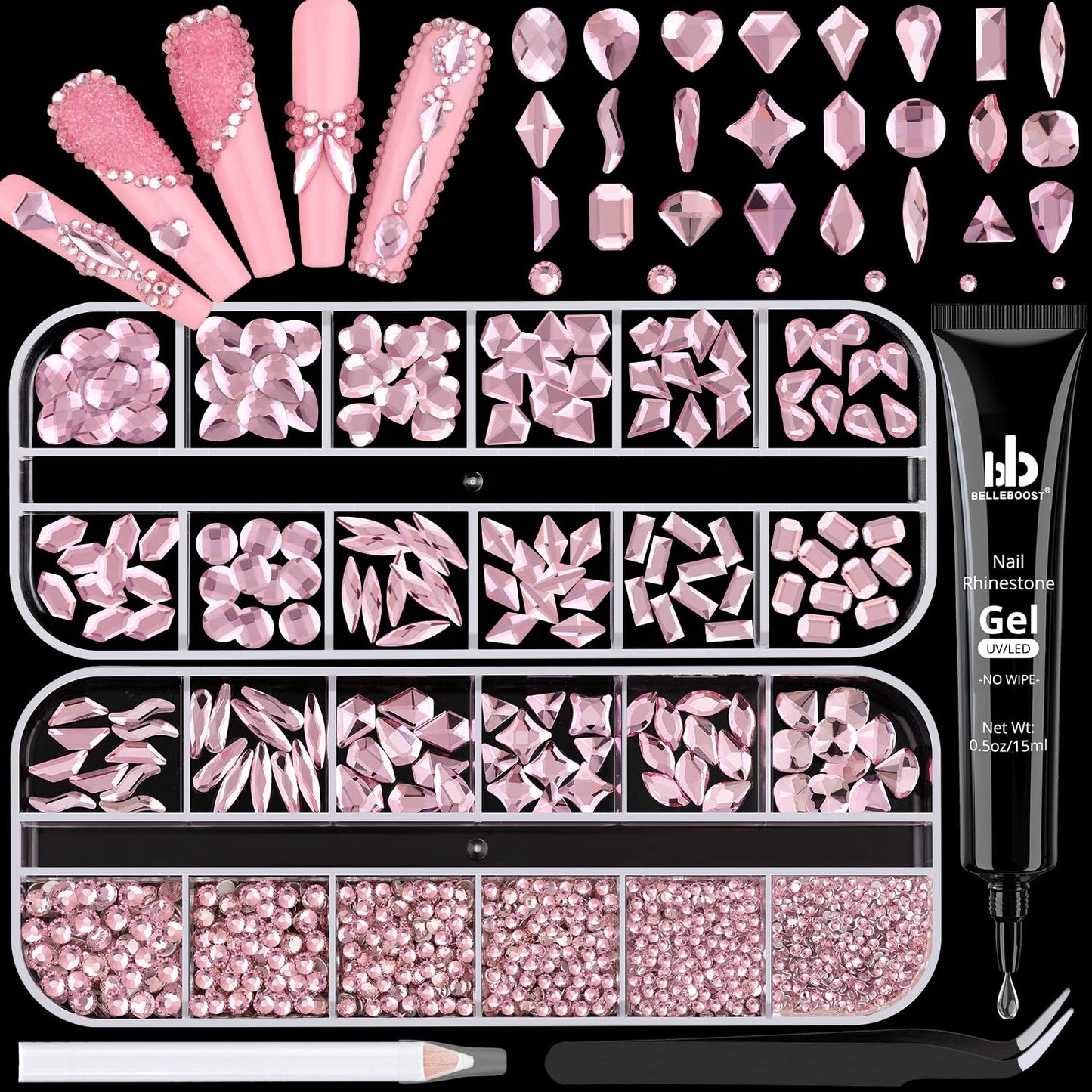 Nail Art Rhinestone Kit, 15Ml Rhinestone Gel Glue+Colorful Gems+Flatback Glass Crystal Ab&Clear Gemstones with Pickup Tools for Bedazzling Nail and Face Makeup