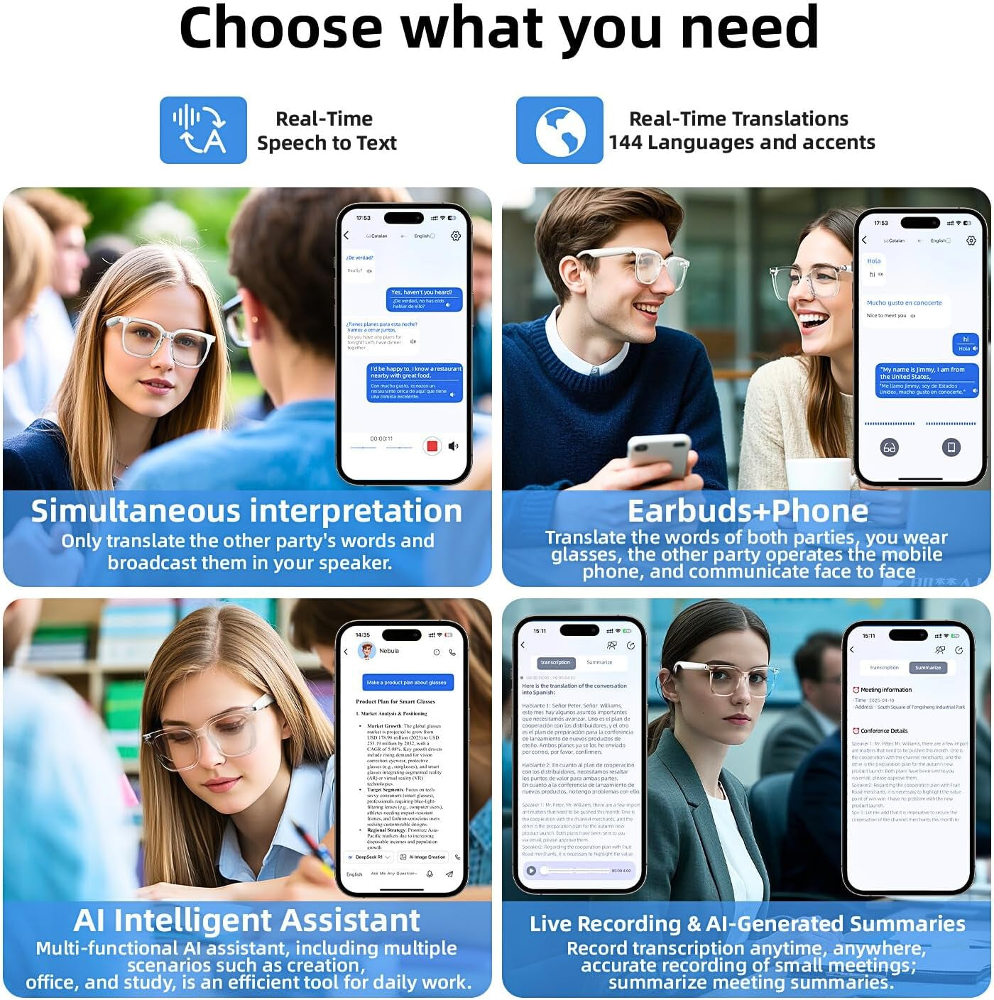 Smart Glasses, Bluetooth Glasses for Men Women, UV Protection, Real Time Translation with 144+Languages, AI Glasses with Chat GPT Bluetooth 5.4 for Meeting Daily Use Travel Business