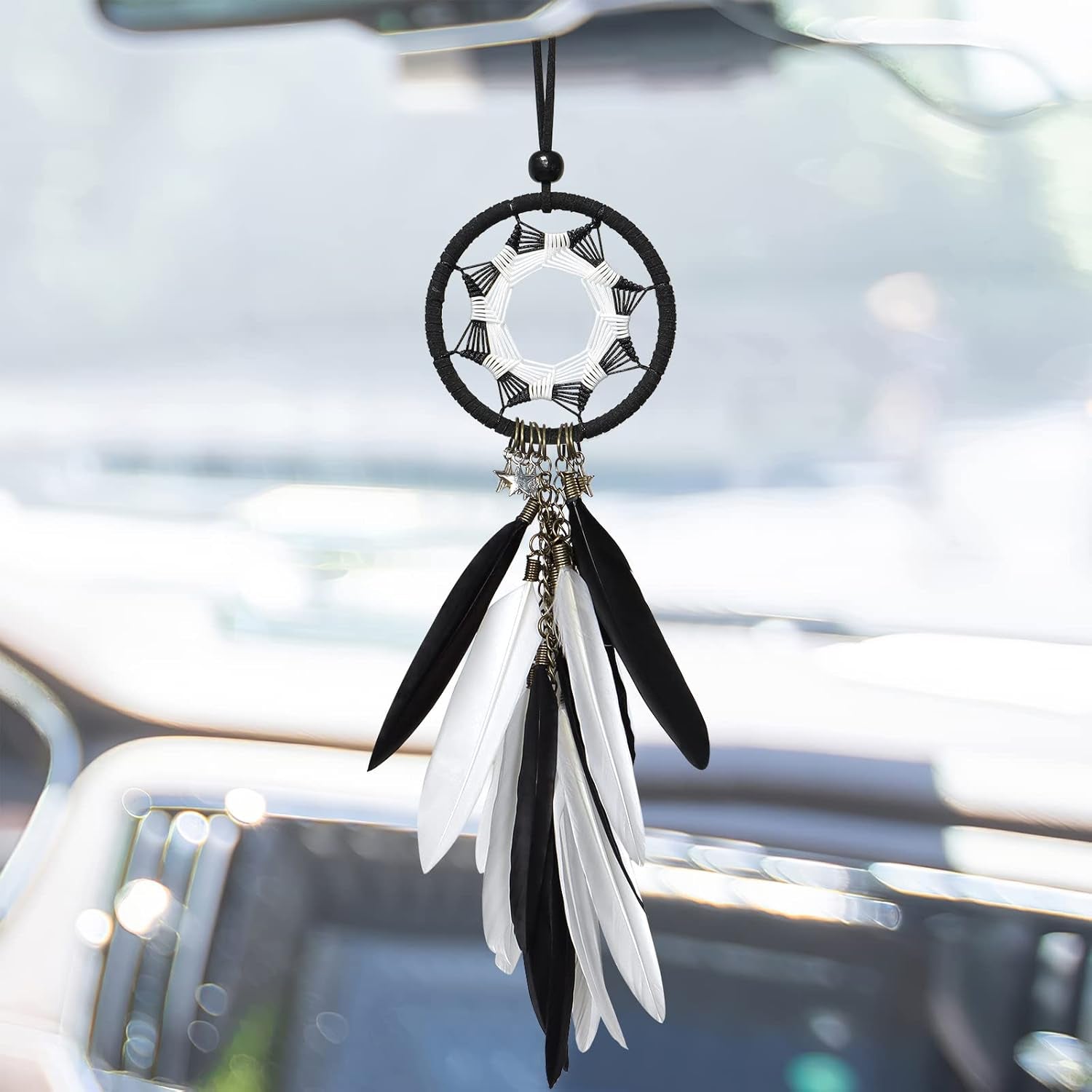 Dream Catcher Car Interior Rearview Mirror Hanging Decor Handmade Grids Nature Feather Small Boho Car Charms Pendant Accessories (Black and White)