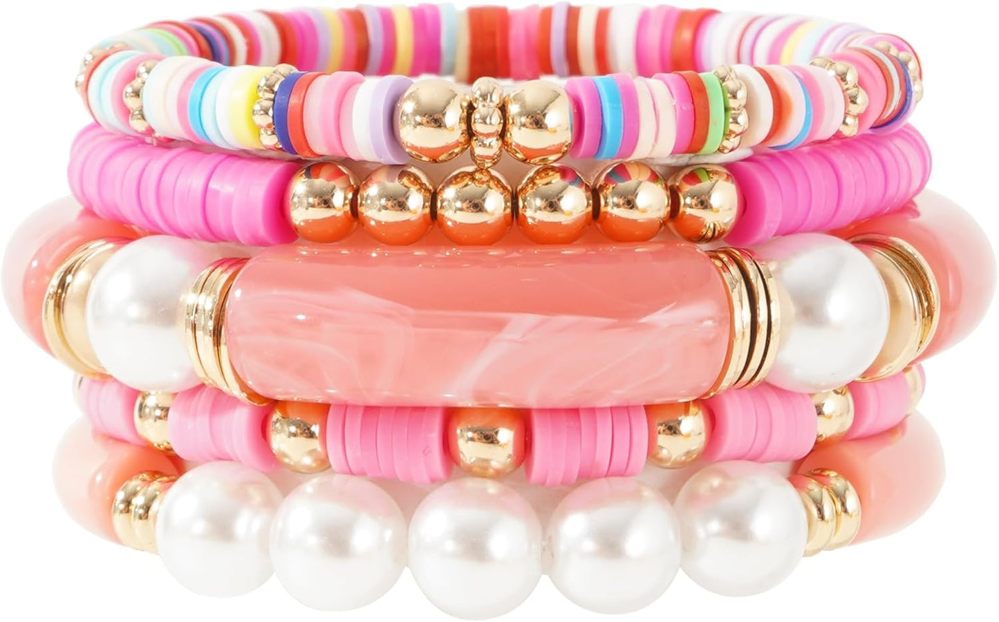 Simple Beaded Gold Plated Bangles Bracelet Chunky Bamboo Tube Curved Stacking Clear Acrylic Colorful Beads Stretchable Gold Plated Bracelets Set for Women